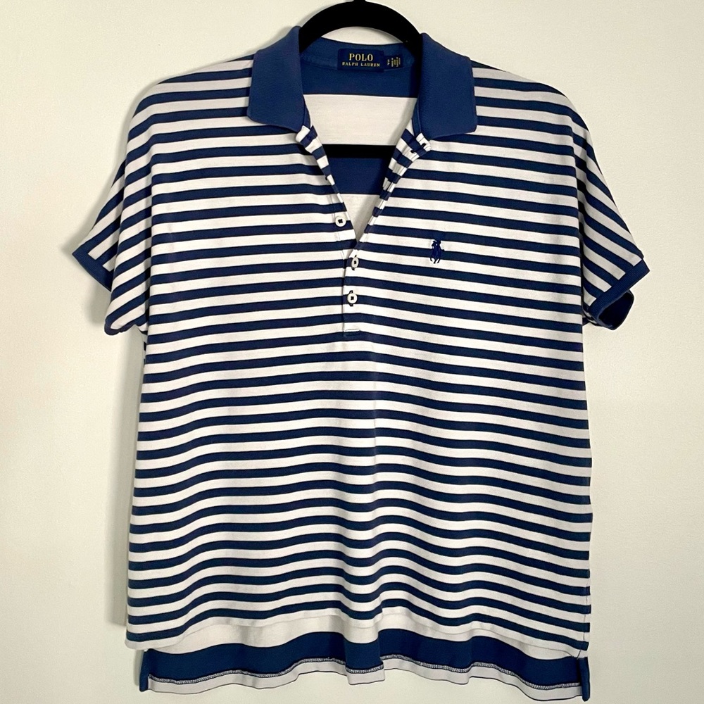 Ralph Lauren Women’s Navy And White Striped Polo Shirt 100% Cotton